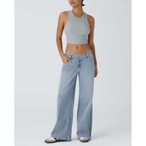 Halara Flex Asymmetric Low Rise Pockets Baggy Wide Leg Washed Casual Jeans Sz Sm